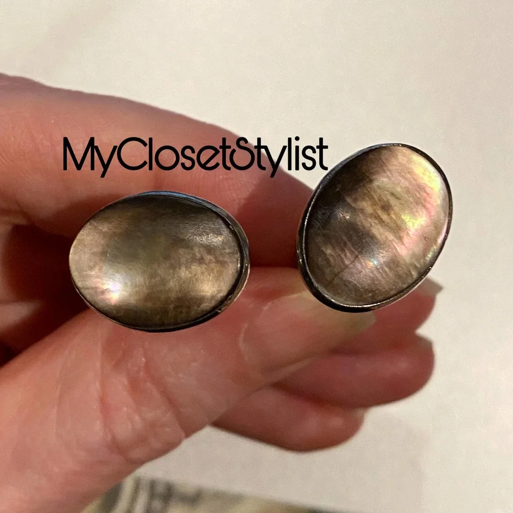 MidCentury Mod Black Mother of Pearl GQ Cufflinks! Cats Eye MOP Silver RARE VTG